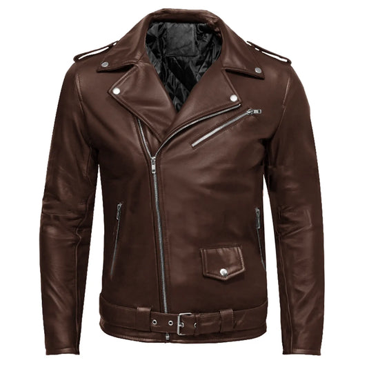 Bruce Dark Brown Sheepskin Motorcycle Leather Jacket