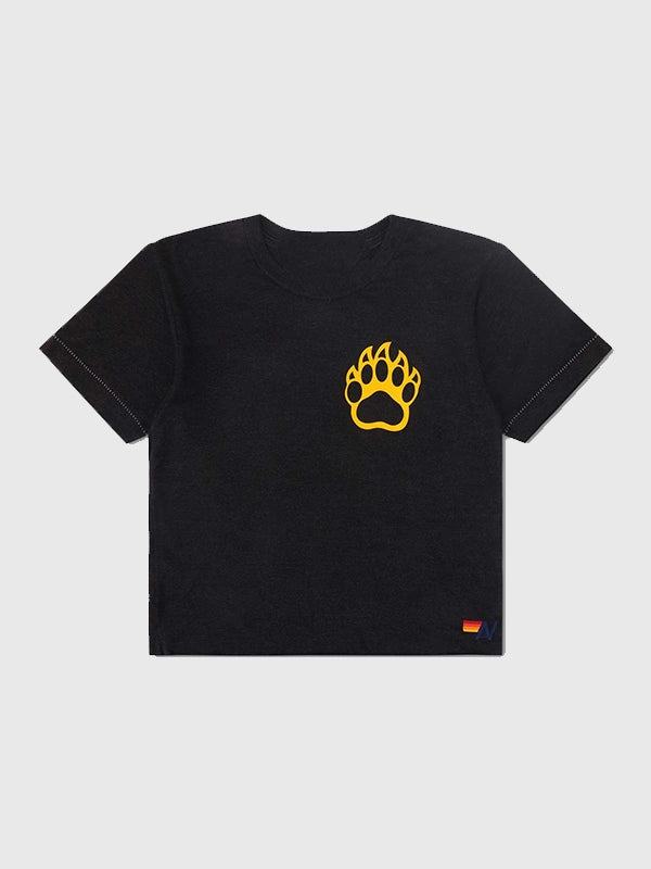 Recreated black Aviator Nation Boston Bruins short sleeve cropped t-shirt with comfortable fit and graphic-led design