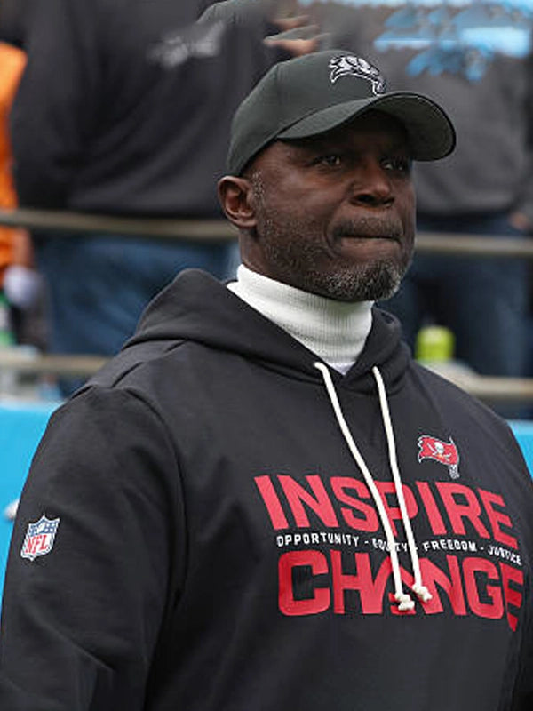 Black Nike hoodie from the Tampa Bay Buccaneers 2025 Inspire Change collection with bold message typography