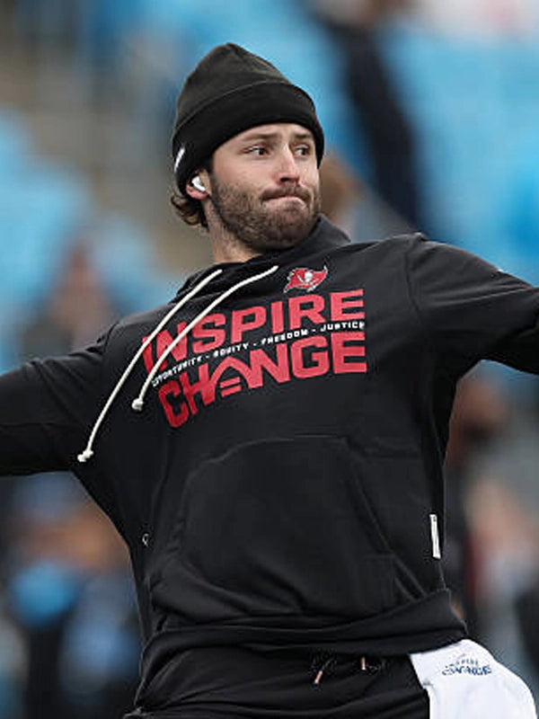 Tampa Bay Buccaneers 2025 Inspire Change black Nike hoodie featuring Opportunity Equity Freedom Justice lettering