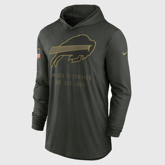 Nike 2025 Buffalo Bills Salute to Service lightweight hooded T-shirt in forest green with moisture-wicking Dri-FIT technology.