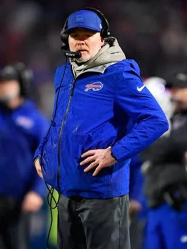 Blue hooded zip jacket recreation inspired by Sean McDermott Buffalo Bills look with streamlined athletic construction