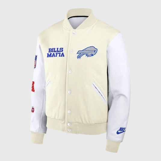 Nike Buffalo Bills 2025 Rivalries Collection full-snap varsity jacket crafted from durable wool and smooth leather sleeves.