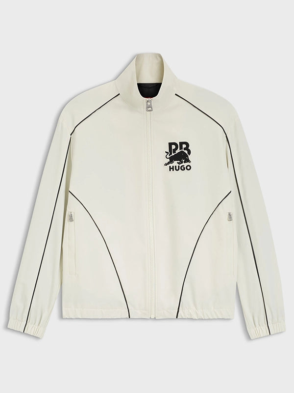 RECREATED Hugo x Red Bull 2026 Bull Motif White Track Jacket with full zip front, smooth performance fabric, and racing inspired style
