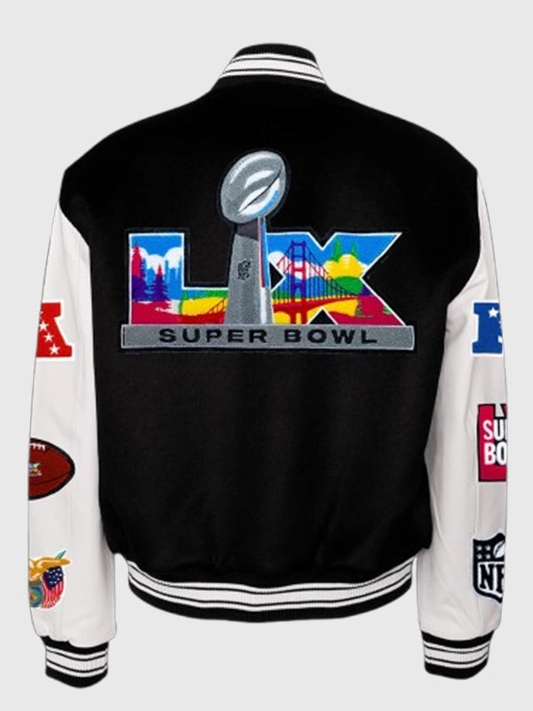 Recreated Super Bowl LX Jeff Hamilton wool and leather varsity jacket in black and white with chenille embroidery