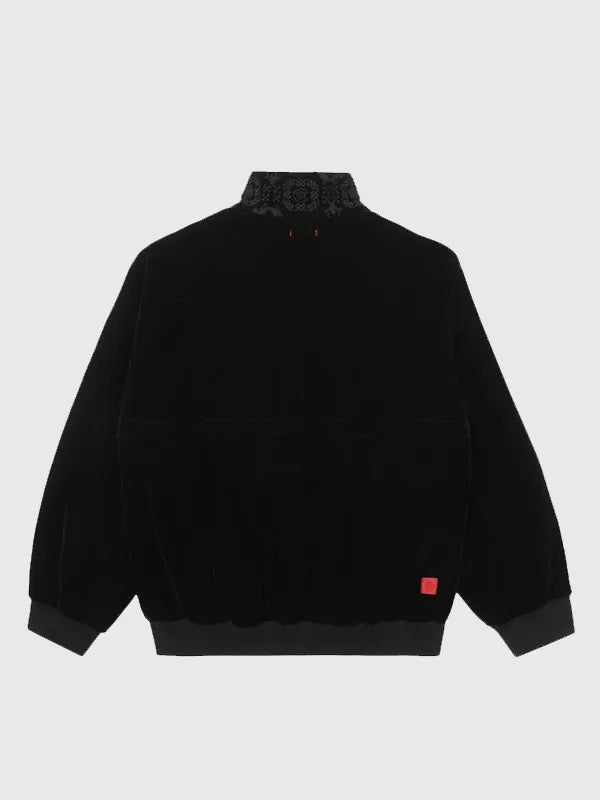 Recreated CLOT velvet jacket in deep black tone with subtle shine and contemporary outerwear appeal