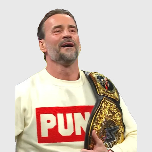 CM Punk Raw World Champion beige sweatshirt featuring bold graphic detailing.