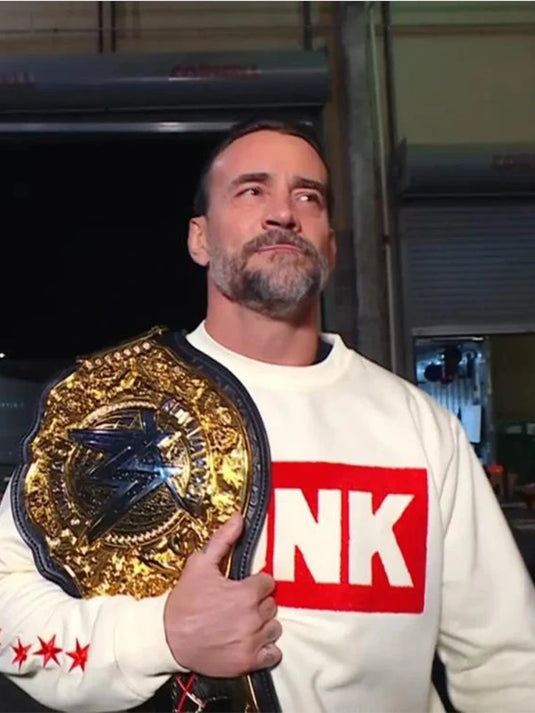 CM Punk-themed beige sweatshirt from the Raw World Champion collection.