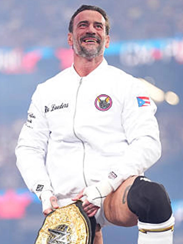 WrestleMania 42 2026 CM Punk Bo Loudes Full Zip Bomber Jacket featuring bold front graphics and smooth structured outerwear finish