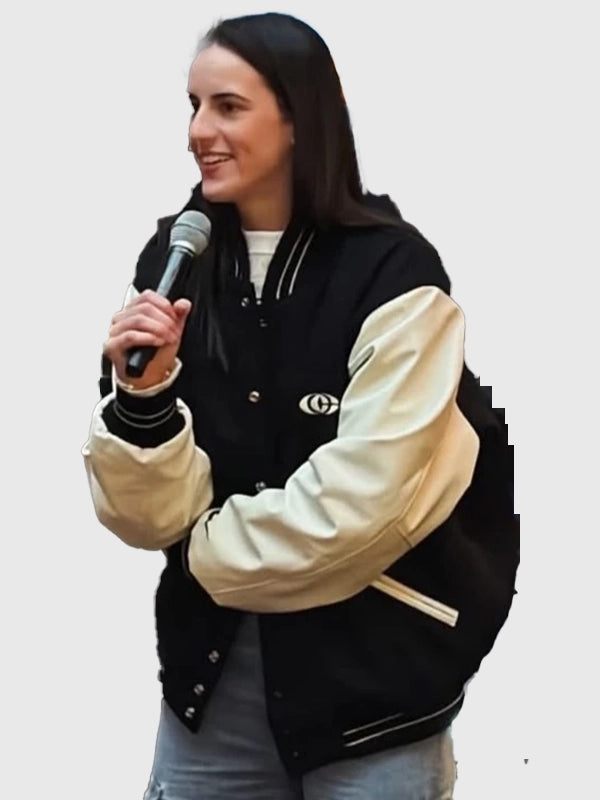 RECREATED black body, cream sleeves Caitlin Clark x Nike varsity jacket with graphic-inspired details and elevated athletic edge