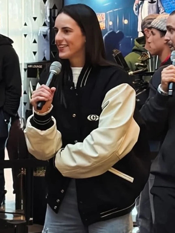 Black body, cream sleeve varsity jacket RECREATED with Caitlin Clark x Nike branding, perfect for on-court and off-court style