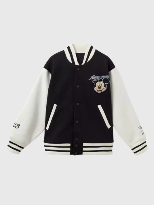 RECREATED Cakeworthy Mickey Mouse bomber jacket for women in black with white sleeves and classic varsity-inspired silhouette