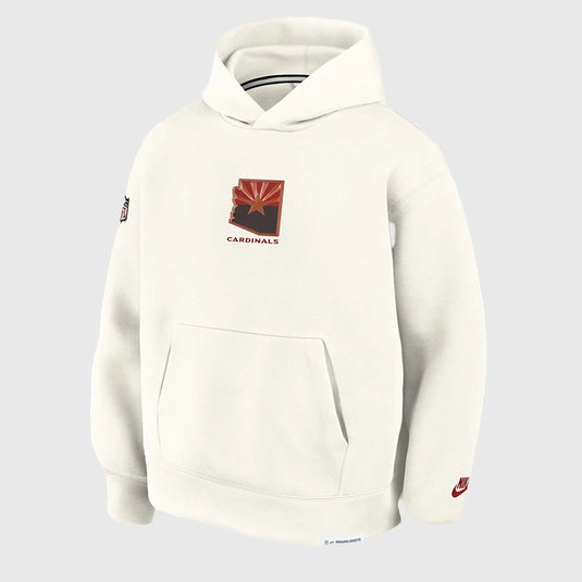 Arizona Cardinals Nike 2025 Grey Oversized Tech Fleece Hoodie featuring Rivalries front graphic.