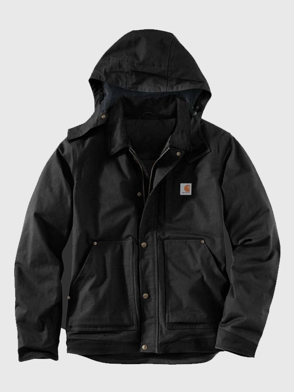 RECREATED Carhartt Full Swing Steel black hooded jacket offering a structured, functional outerwear look