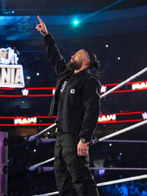 Recreated WWE RAW 2026 Roman Reigns jacket in black, featuring a rugged Carhartt-style build and relaxed unisex fit.