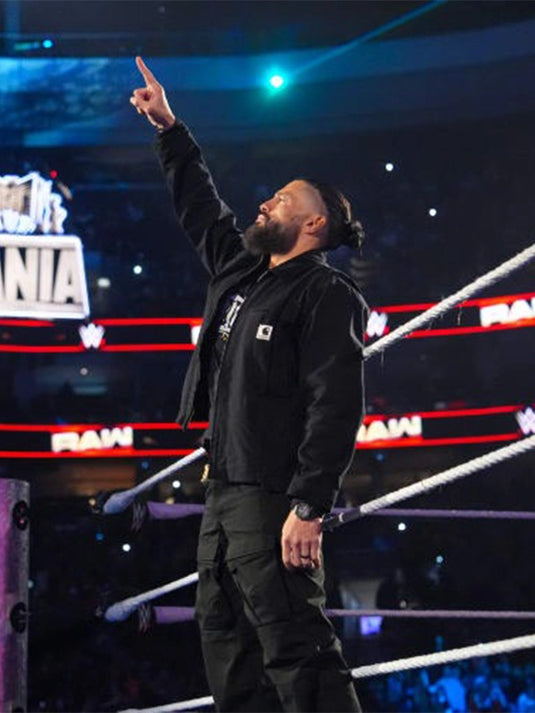 Recreated WWE RAW 2026 Roman Reigns jacket in black, featuring a rugged Carhartt-style build and relaxed unisex fit.