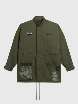 RECREATED Legendary Carnival x Oasis 2026 Green Parka Jacket featuring a durable outer shell with a clean unisex silhouette