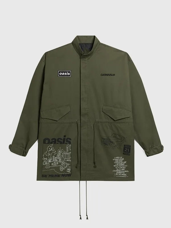 RECREATED Legendary Carnival x Oasis 2026 Green Parka Jacket featuring a durable outer shell with a clean unisex silhouette