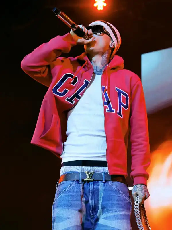 Central Cee Coachella cap hoodie in red, RECREATED with zip-up fleece construction, ribbed trims, and standout music-festival streetwear look