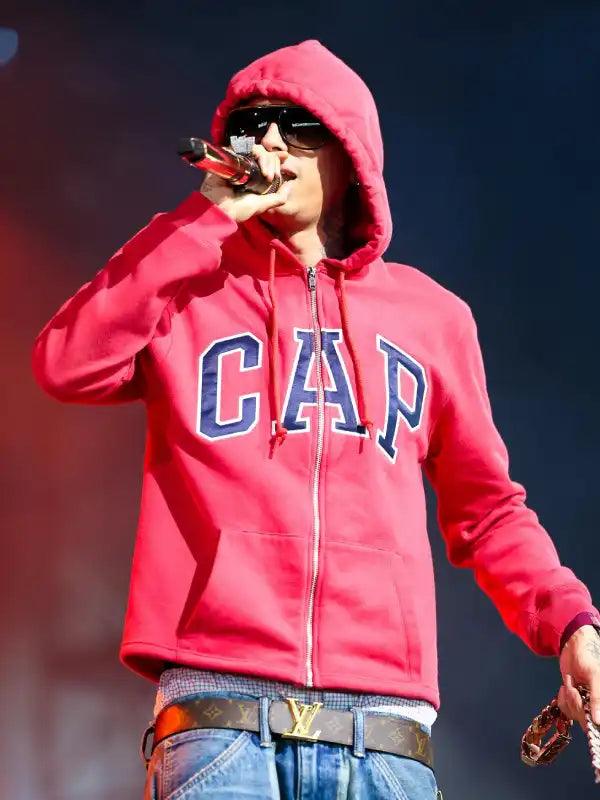 RECREATED Central Cee Coachella cap zip-up fleece hoodie in red featuring soft interior lining, relaxed streetwear fit, and statement-inspired detailing