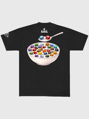 Recreated Super Tazón LX Bad Bunny black graphic tee with standout printed cereal design and relaxed fit