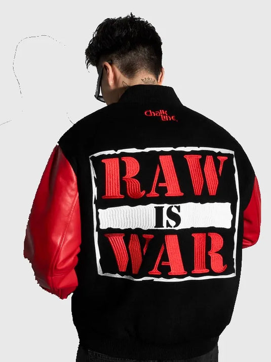 Recreated WWE Raw Is War Chalk Line wool varsity jacket in black and red with classic letterman silhouette and snap button front