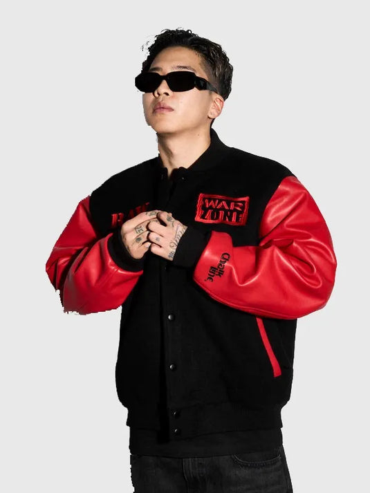 Black and red WWE Raw Is War Chalk Line varsity jacket crafted from wool blend fabric with ribbed collar and cuffs