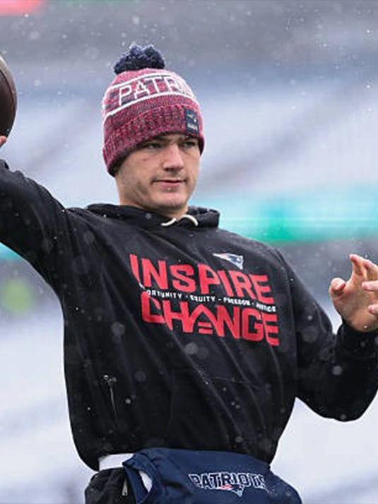 Drake Maye Patriots 2025 Inspire Change black Nike sideline hoodie featuring Opportunity Equity Freedom Justice lettering