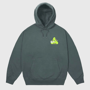 Palace x Nike 2025 Tri Swoosh Pullover Hoodie in charcoal grey fleece with signature triple swoosh graphic.