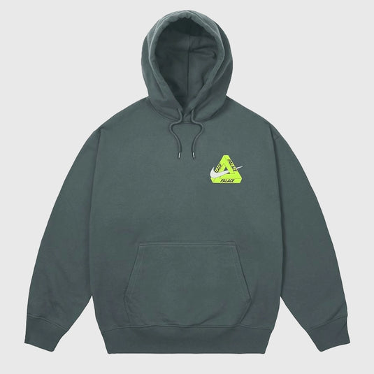 Palace x Nike 2025 Tri Swoosh Pullover Hoodie in charcoal grey fleece with signature triple swoosh graphic.