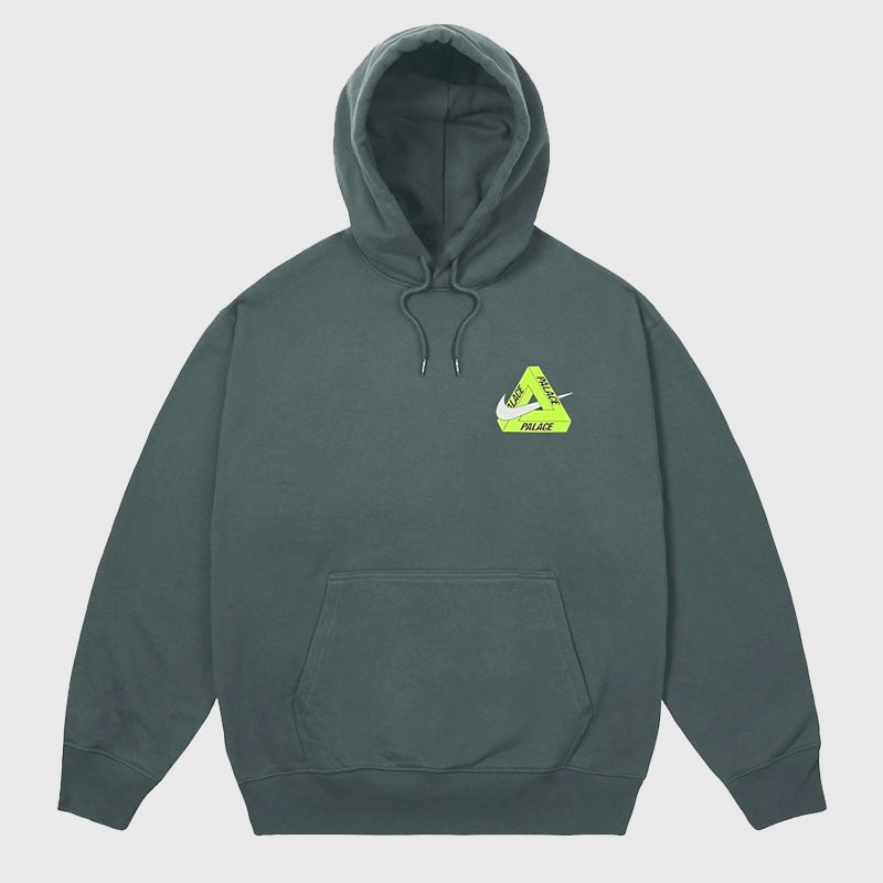Palace x Nike 2025 Tri Swoosh Pullover Hoodie in charcoal grey fleece with signature triple swoosh graphic.