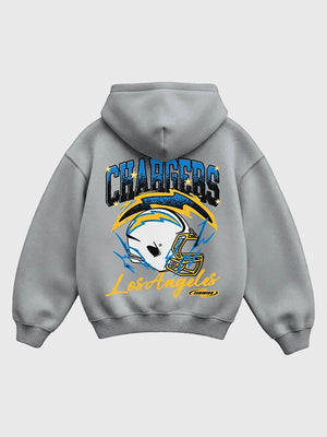 “Vintage Voltage” grey pullover hoodie recreated from the Seen x Chargers collaboration with a laid-back fit