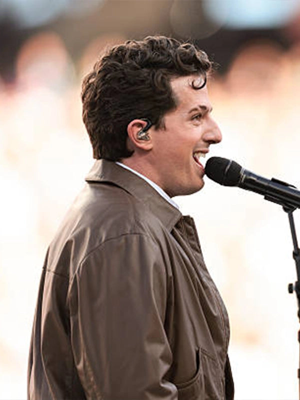 Super Bowl LX 2026 brown leather jacket with vintage rocker silhouette inspired by Charlie Puth performance