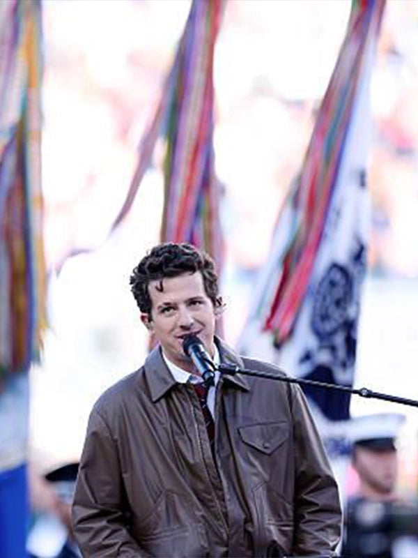 Recreated leather jacket in brown capturing Charlie Puth’s outfit from his Super Bowl 60 national anthem stage