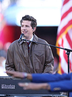 Recreated Super Bowl LX 2026 Charlie Puth brown leather jacket inspired by his national anthem performance
