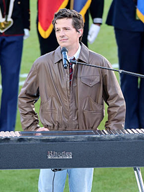 Brown leather jacket reflecting Charlie Puth’s Super Bowl LX attire with structured collar and clean lines