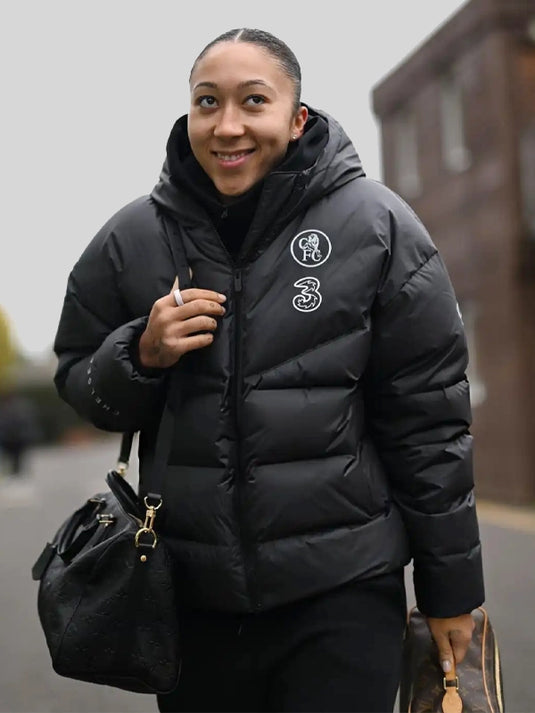 2025 Chelsea FC Women’s Champions League hooded puffer jacket in black with winter-ready construction