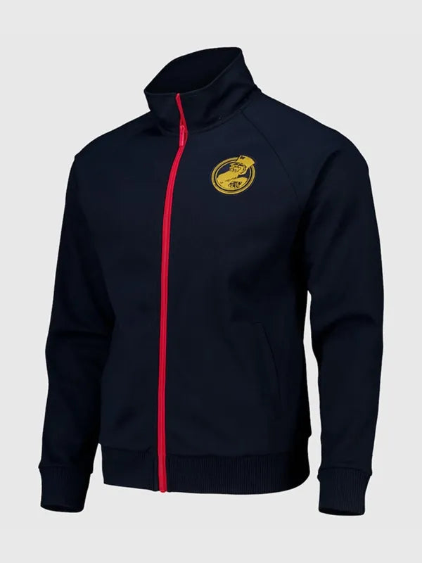 Navy Chelsea FC 2026 Pensioners track jacket featuring heritage-inspired detailing and ribbed collar and cuffs