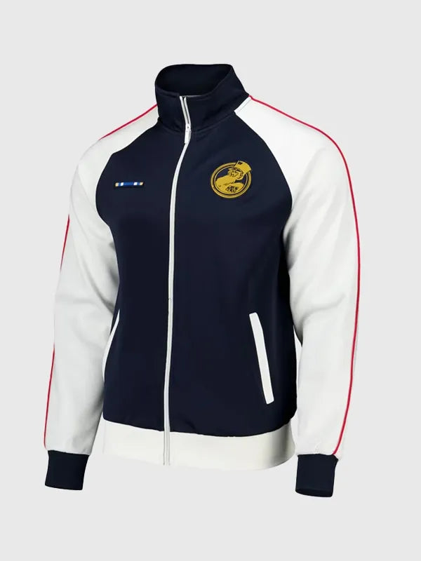Recreated Chelsea FC Heritage 2026 navy and white track jacket with structured fit and vintage club-inspired detailing