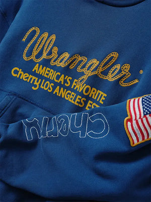 Recreated Cherry x Wrangler Los Angeles fleece pullover hoodie in blue with America’s Favorite graphic