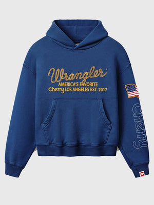 Blue fleece pullover hoodie inspired by Cherry x Wrangler featuring Los Angeles lettering and America’s Favorite text