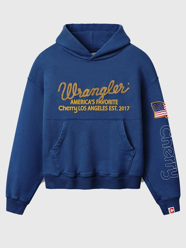 Blue fleece pullover hoodie inspired by Cherry x Wrangler featuring Los Angeles lettering and America’s Favorite text
