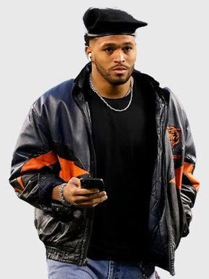 RECREATED Chicago Bears Wild Card Playoffs black leather jacket featuring durable construction and clean lines