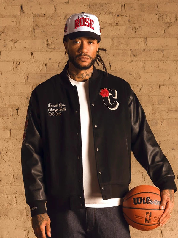 RECREATED Derrick Rose Chicago Bulls black retirement letterman jacket with full-snap front and classic varsity styling