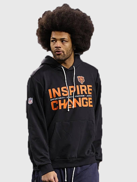 2025 Chicago Bears Nike Inspire Change black sideline pullover hoodie with clean branding and statement lettering
