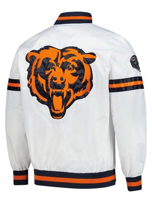 White full-snap varsity jacket for unisex wear featuring Chicago Bears graphics and streamlined athletic shape
