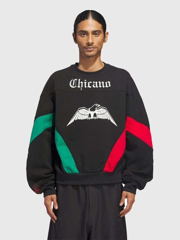 Recreation of the 2025 Chicano Adidas x Willy Chavarria women’s black sweatshirt crafted with a roomy, comfortable fit