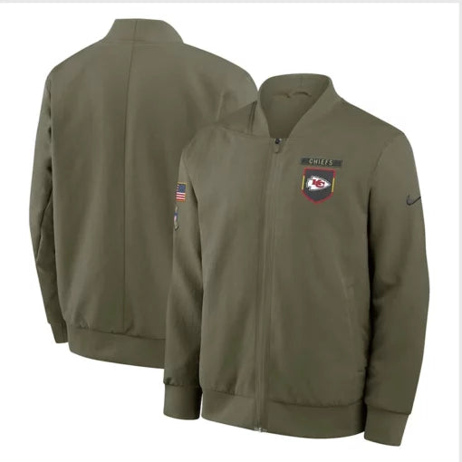 Kansas City Chiefs 2025 Nike olive green Salute to Service Sideline bomber jacket featuring a smooth full-zip front and premium fabric.