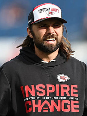 2025 Kansas City Chiefs Inspire Change black hoodie highlighting Opportunity Equity Freedom Justice text and Gardner Minshew style