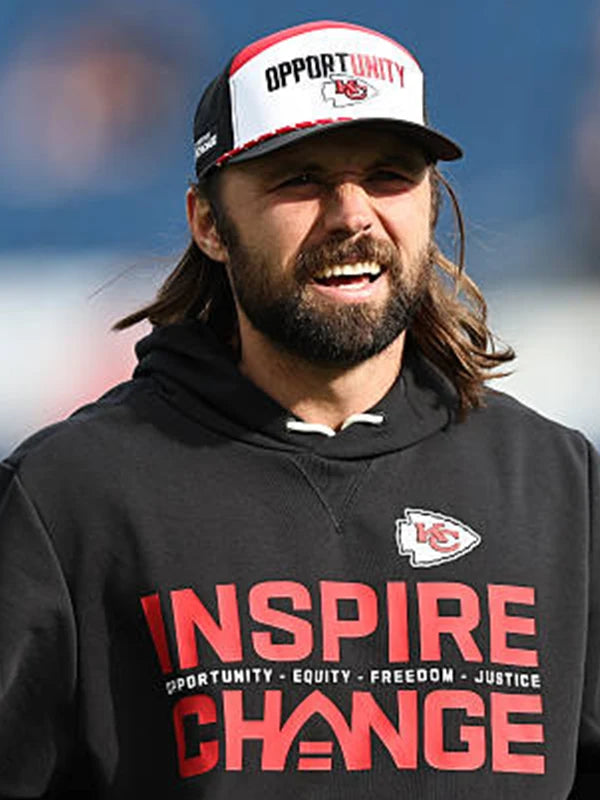 2025 Kansas City Chiefs Inspire Change black hoodie highlighting Opportunity Equity Freedom Justice text and Gardner Minshew style